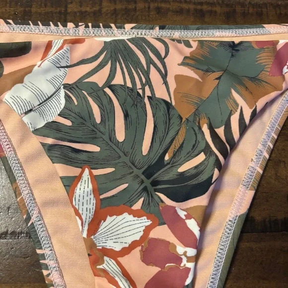 Ron Jon Swimsuit Two Piece Cheeky Bikini Tropical Print Size L Peach Green - Picture 6 of 9